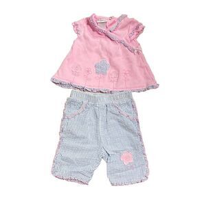 Babyworks Vintage Baby Girl Blue Pink Seersucker Pants Short Sleeve Top Set 3-6M
